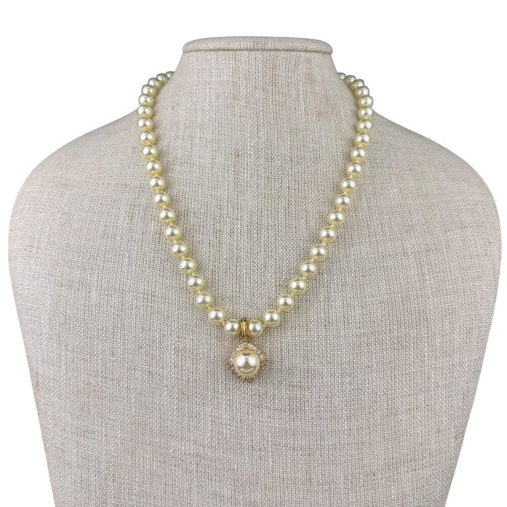 Vintage Roman Faux Pearl & Rhinestone Gold Tone Necklace & Clip-On Earrings Set